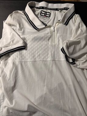 Men's White Polo with Black Trim and Zip Placket